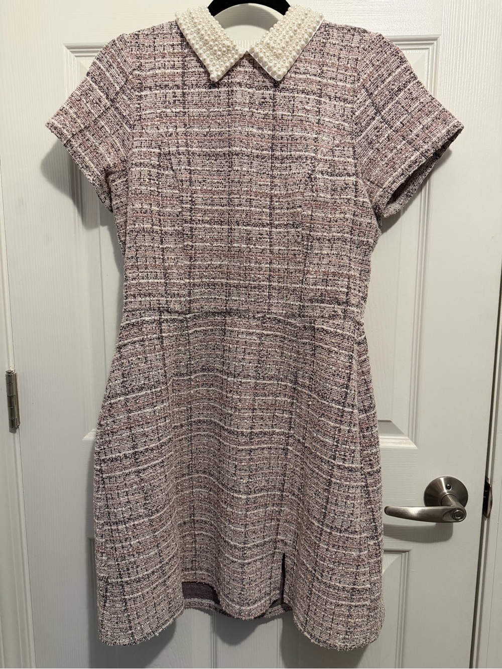 miami Pearl-Collar Tweed Mini Dress in Blush and Ivory